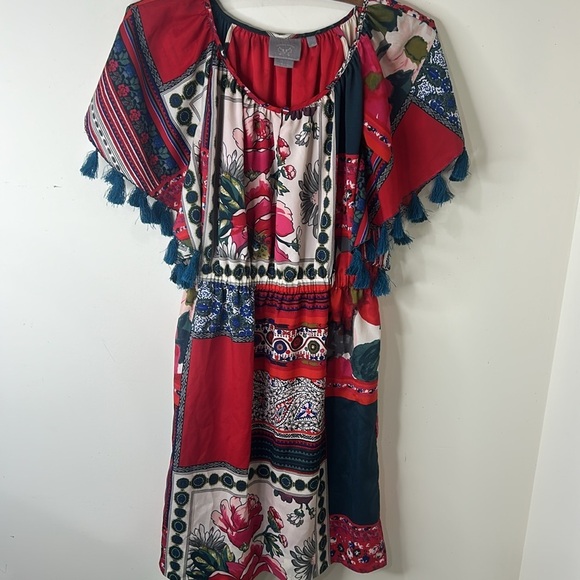 ANTHROPOLOGIE VANESSA VIRGINIA Persian Red Rose Patchwork Tassel Dress Size XS - Picture 16 of 16